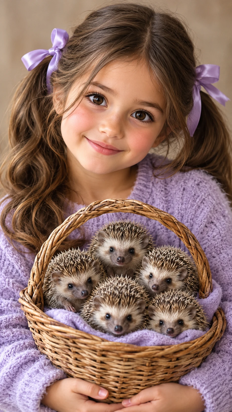 A young girl holds a basket of hedgehogs in a dreamy portrait
