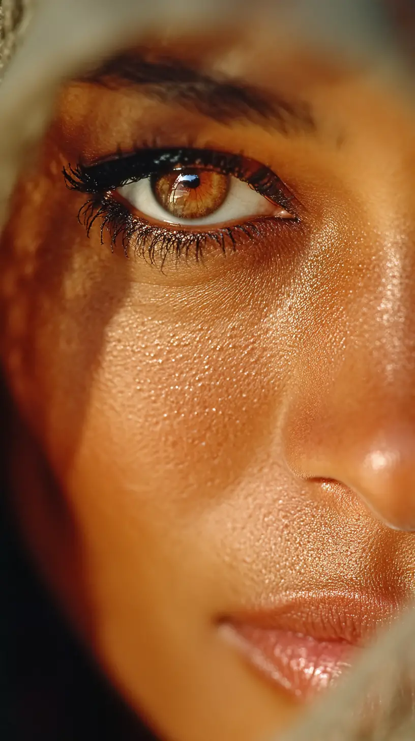 Nahaufnahme eines Gesichts mit hypnotischem Blick und dunkelbeerigen Lippen