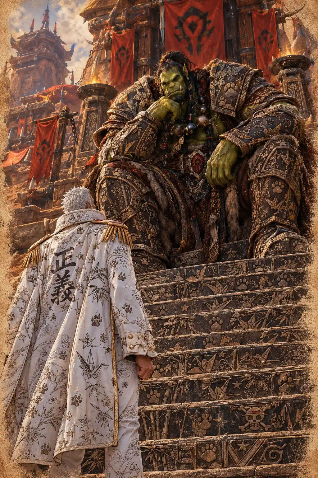 Thrall è seduto più in alto di Garp sulla grandiosa scalinata di pietra di Orgrimmar