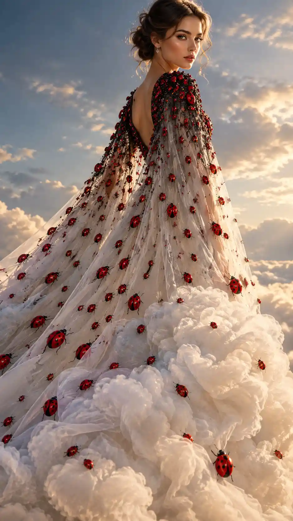 Ein Couture-Cape-Kleid, auf dem Marienkäfer in wolkenartigem Tüll verschwimmen