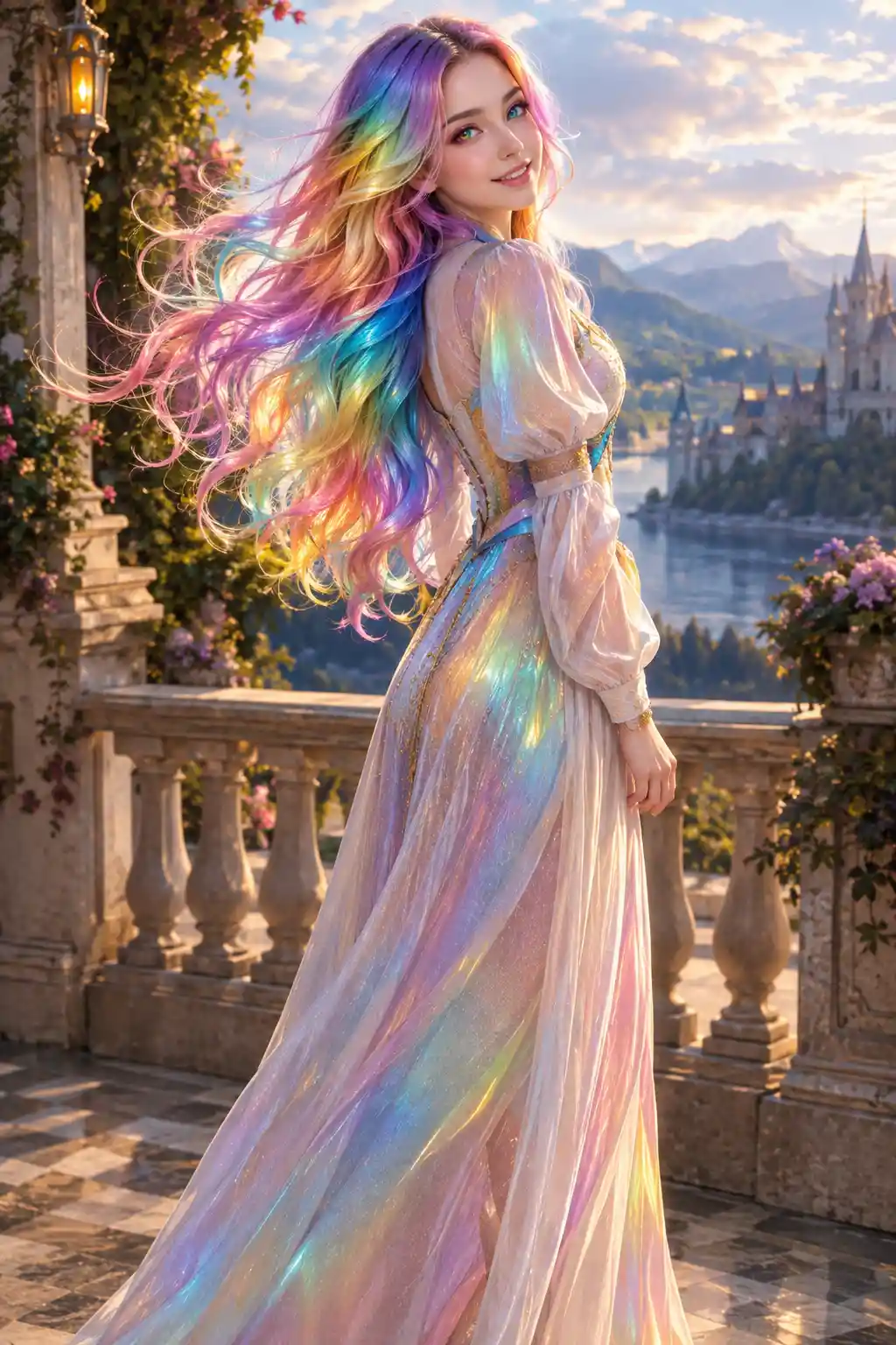 Donna a figura intera con capelli e occhi dai colori dell’arcobaleno