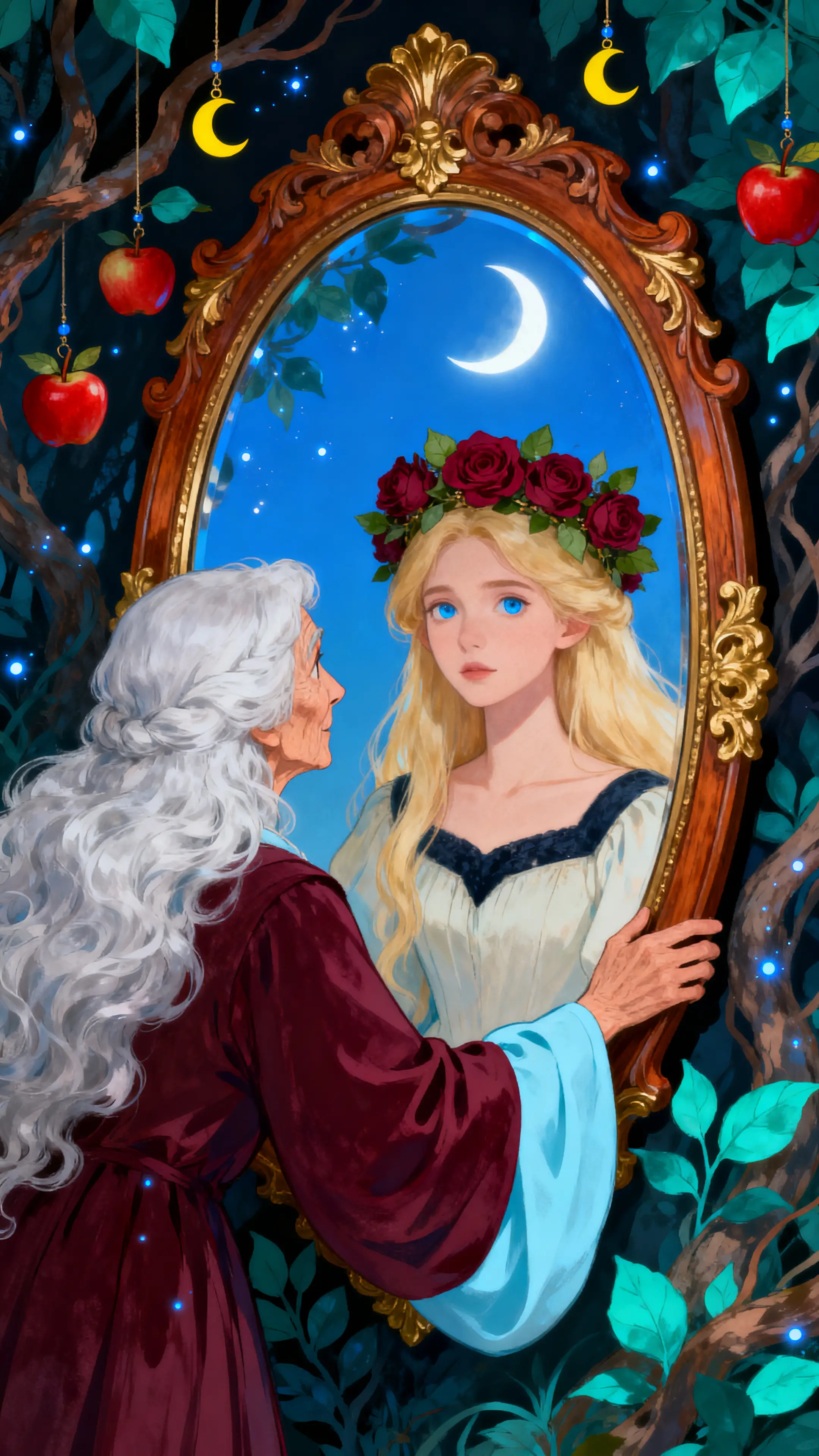 An elderly woman gazes into a mirror reflecting a young woman