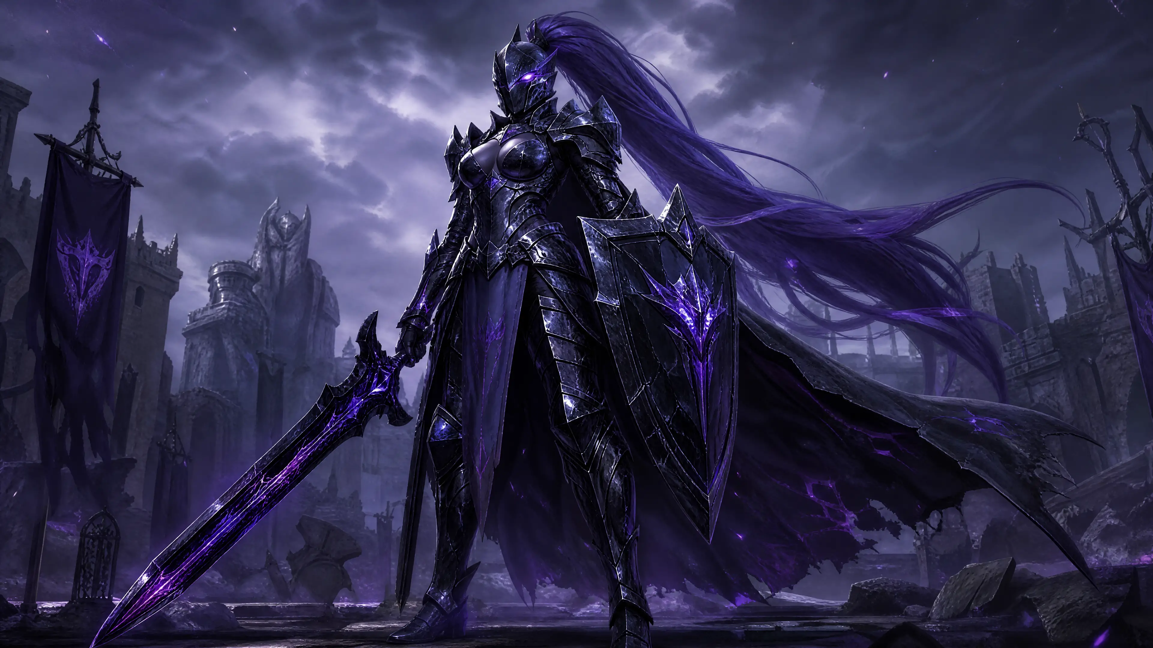 Ein Obsidian-Golemritter mit langem violettem Pferdeschwanz und leuchtendem Auge