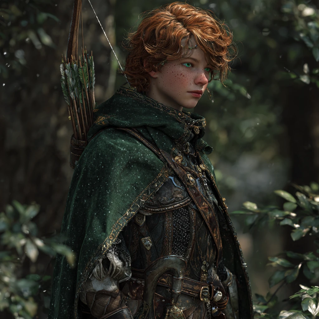 A freckled redheaded archer holds a magical longbow in leather armor