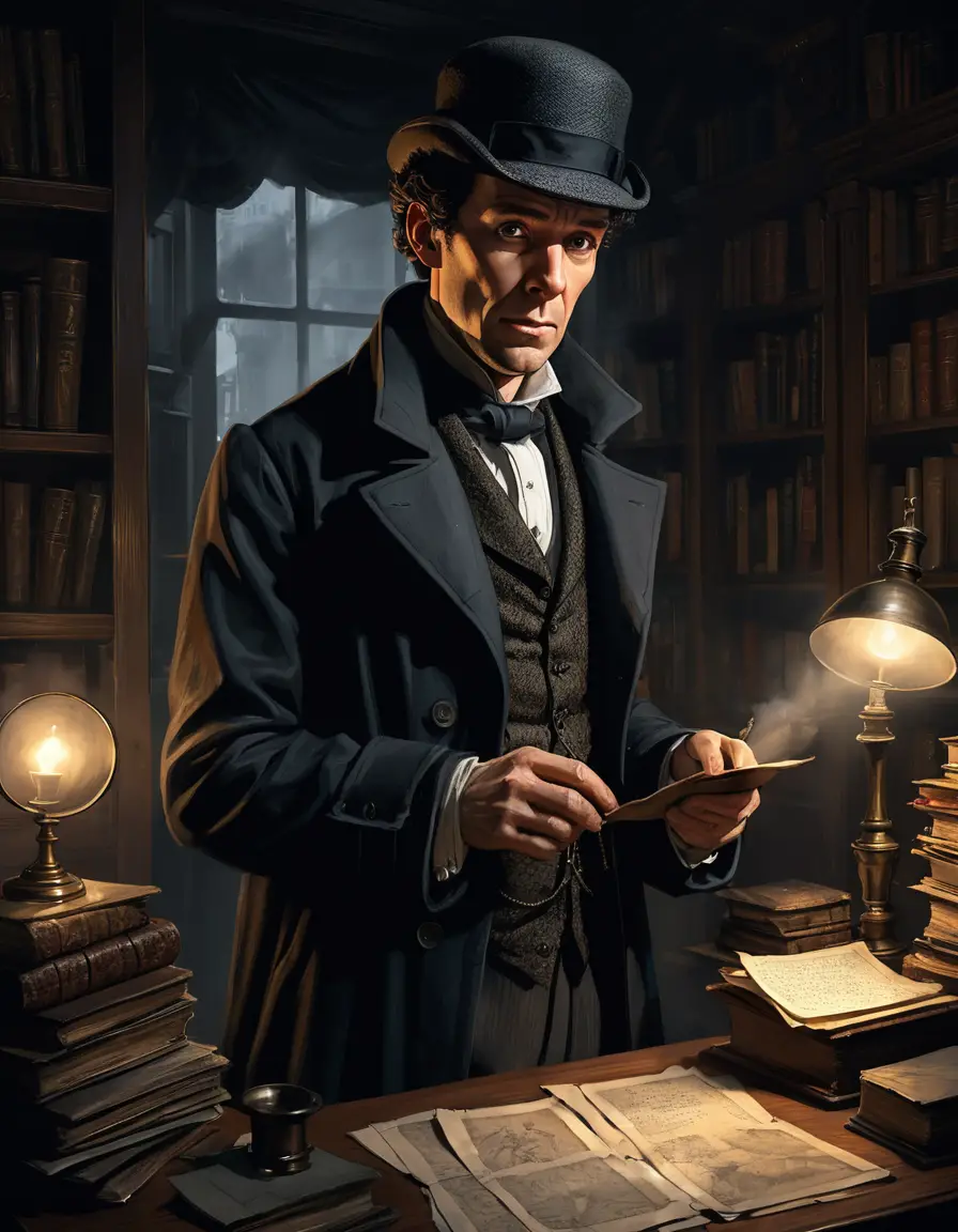 Sherlock Holmes untersucht Hinweise in einem dämmrigen viktorianischen Arbeitszimmer