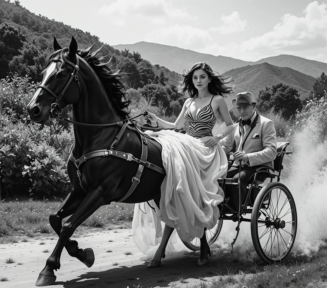 Un caballo al galope lleva a una pareja por un campo polvoriento