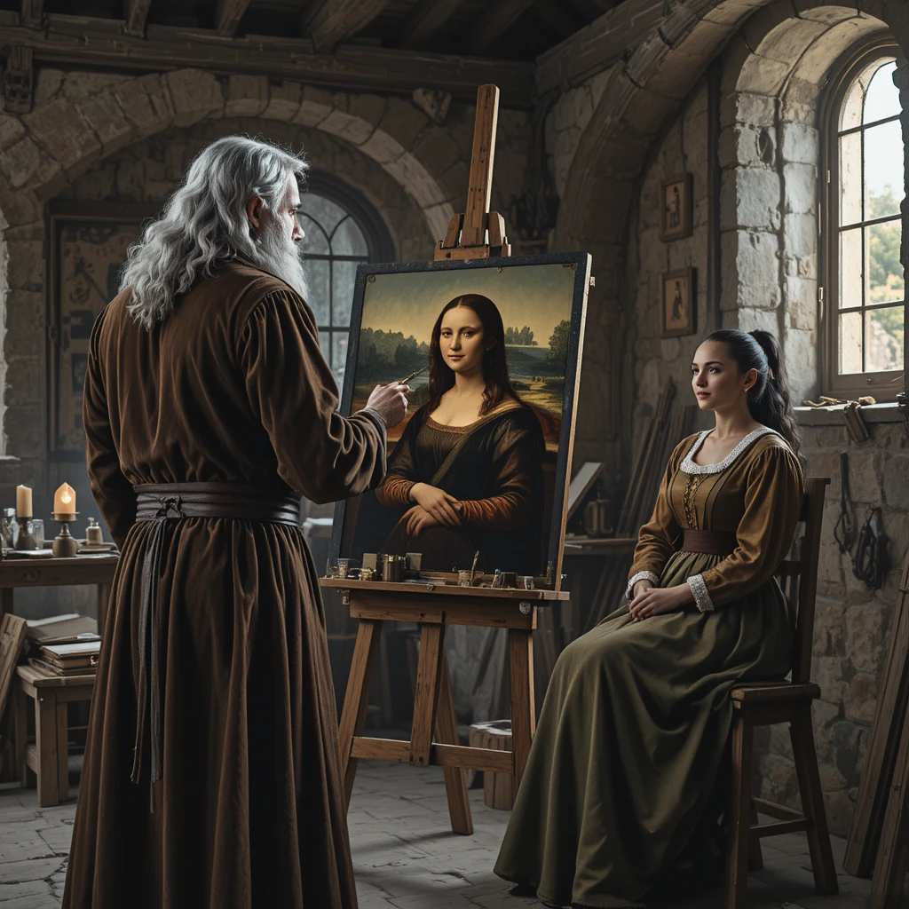 Renaissance painter working on the Mona Lisa in his studio