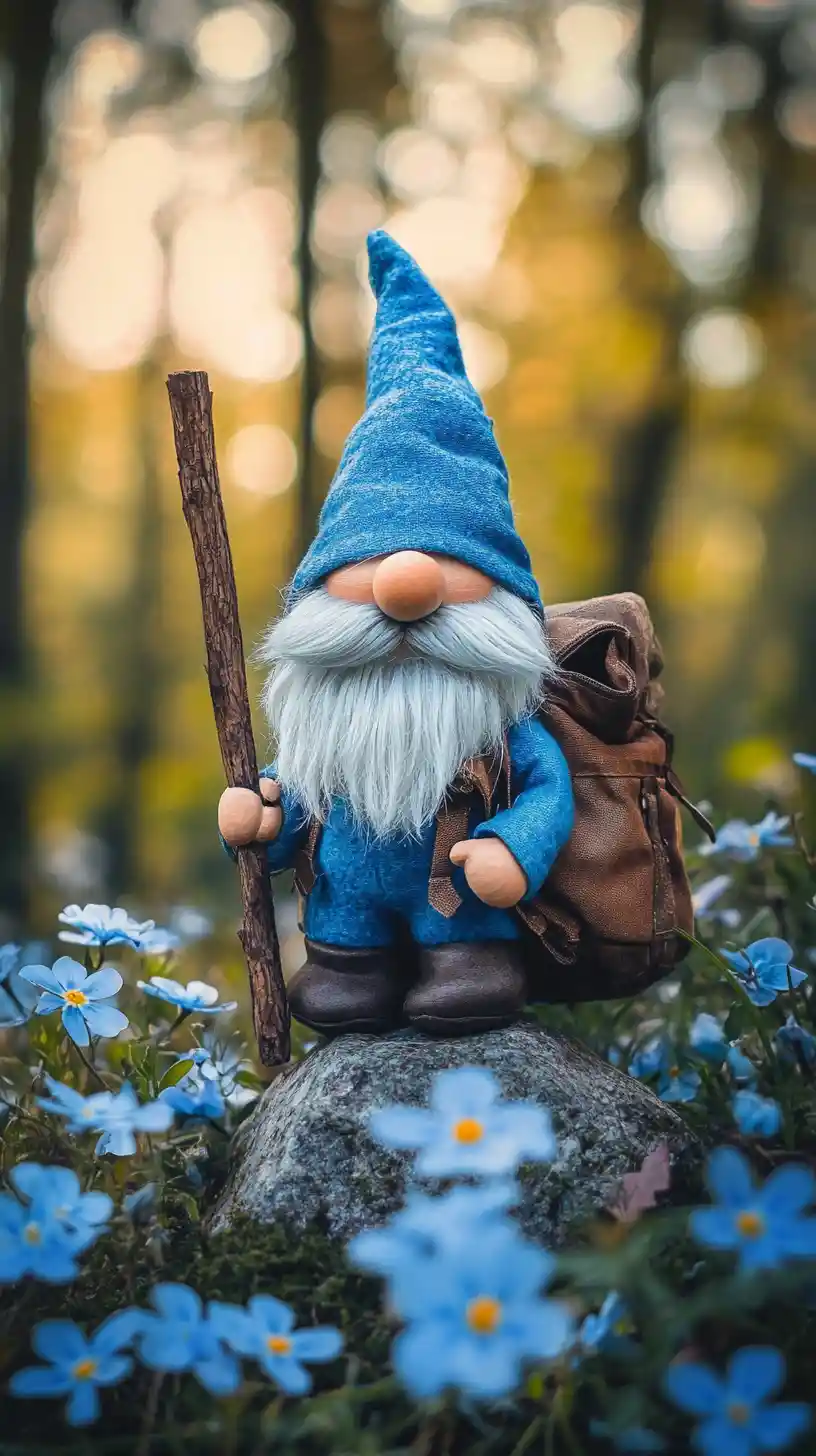 A Bearded Gnome Stands on a Stone Among Oversized Blue Forest Flowers
