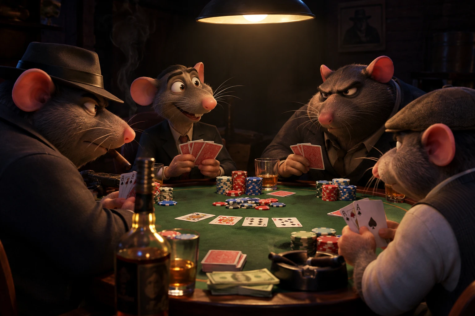 Quatre rats gangsters se rassemblent autour d'une partie de poker dans une pièce sombre