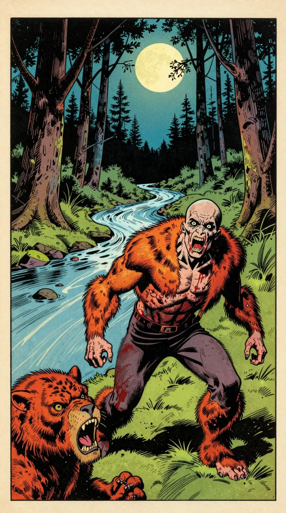 A Feral Man Howls Beneath Moonlight In A Shadowed Forest
