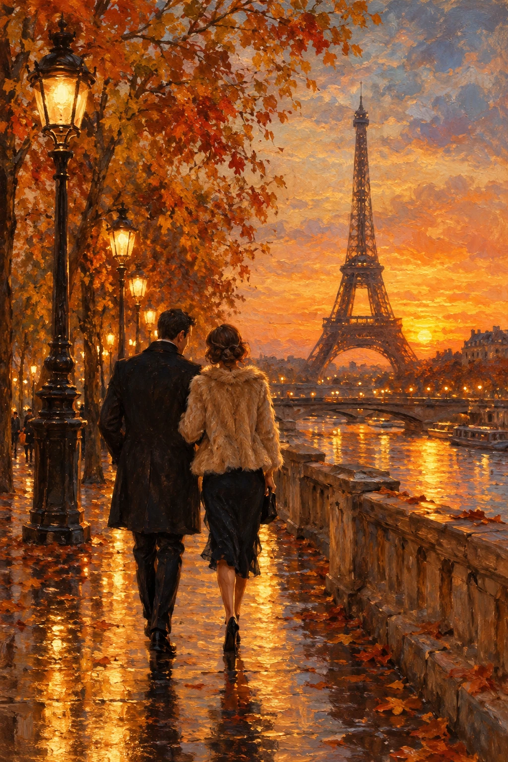 Ein Paar spaziert durch das herbstliche Paris zum Eiffelturm