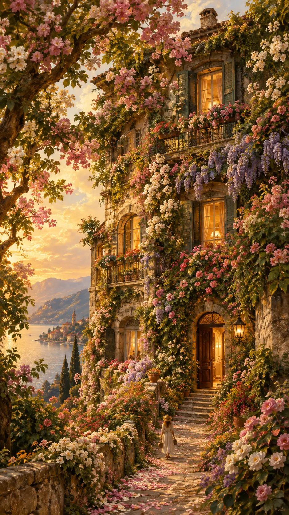 Una antigua casa europea envuelta en árboles en flor y flores trepadoras