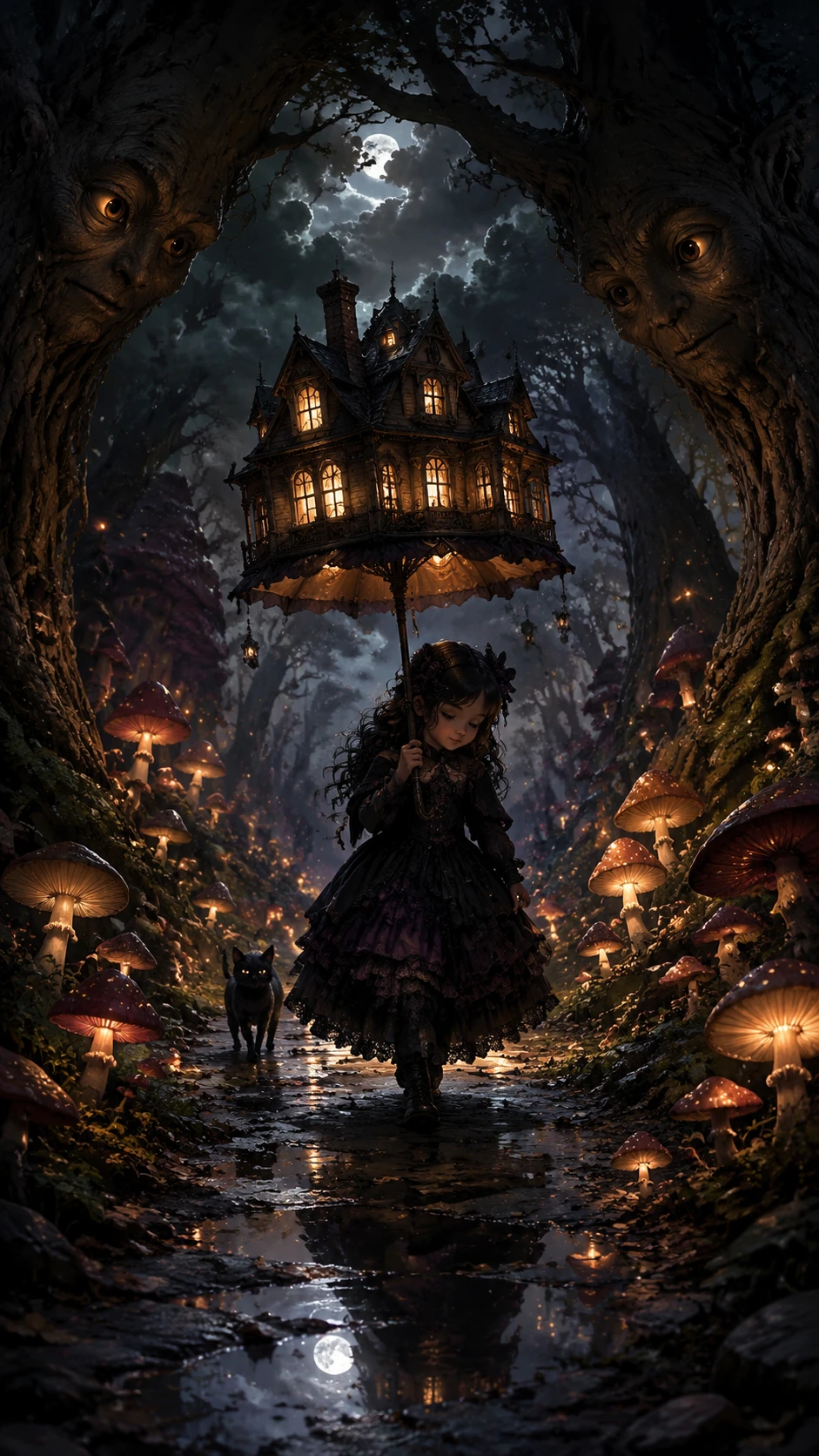 A young girl carries a glowing miniature house through an enchanted forest