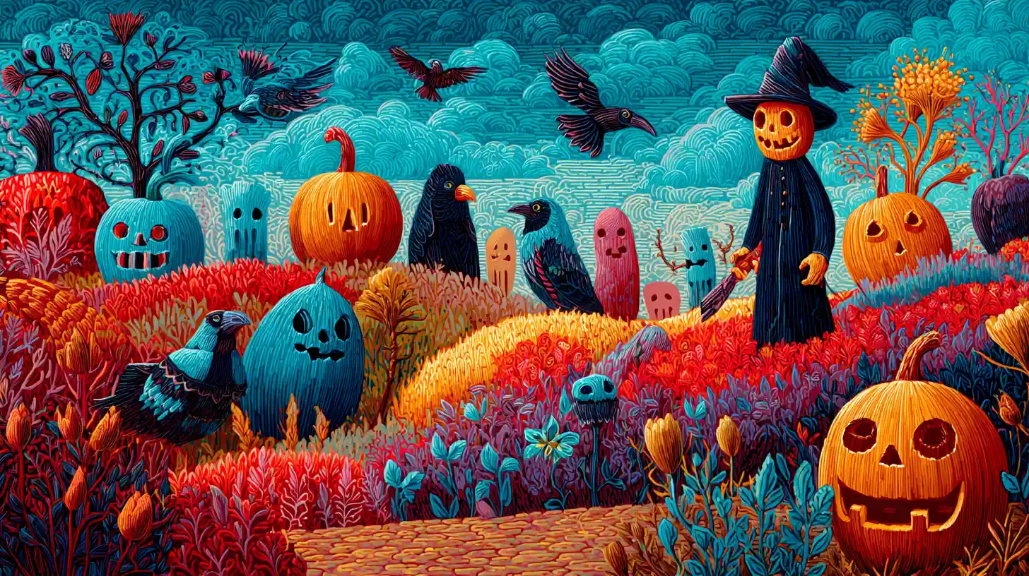Un campo di Halloween pieno di zucche intagliate, corvi, fantasmi e una strega