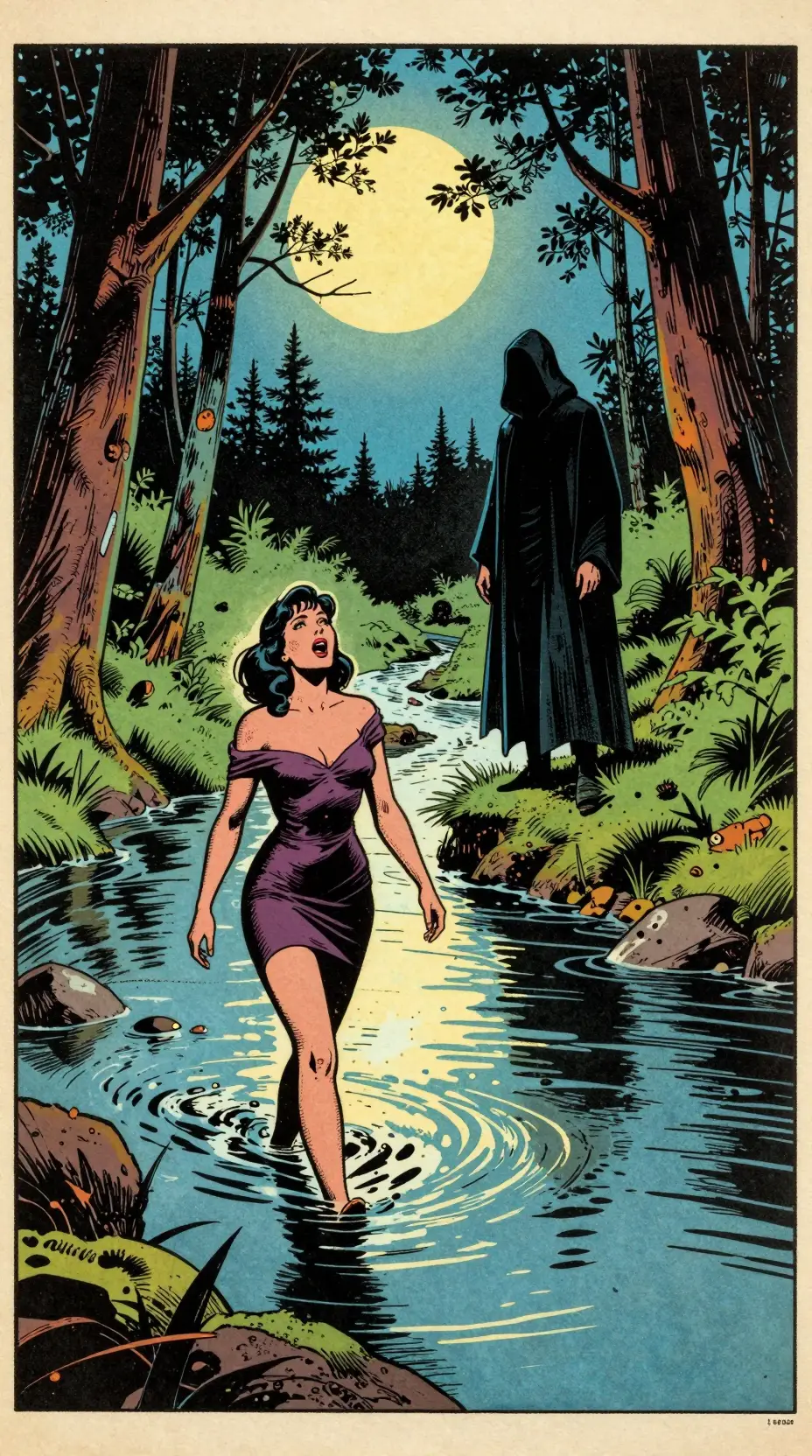 A woman sings in a moonlit river as a hooded figure waits