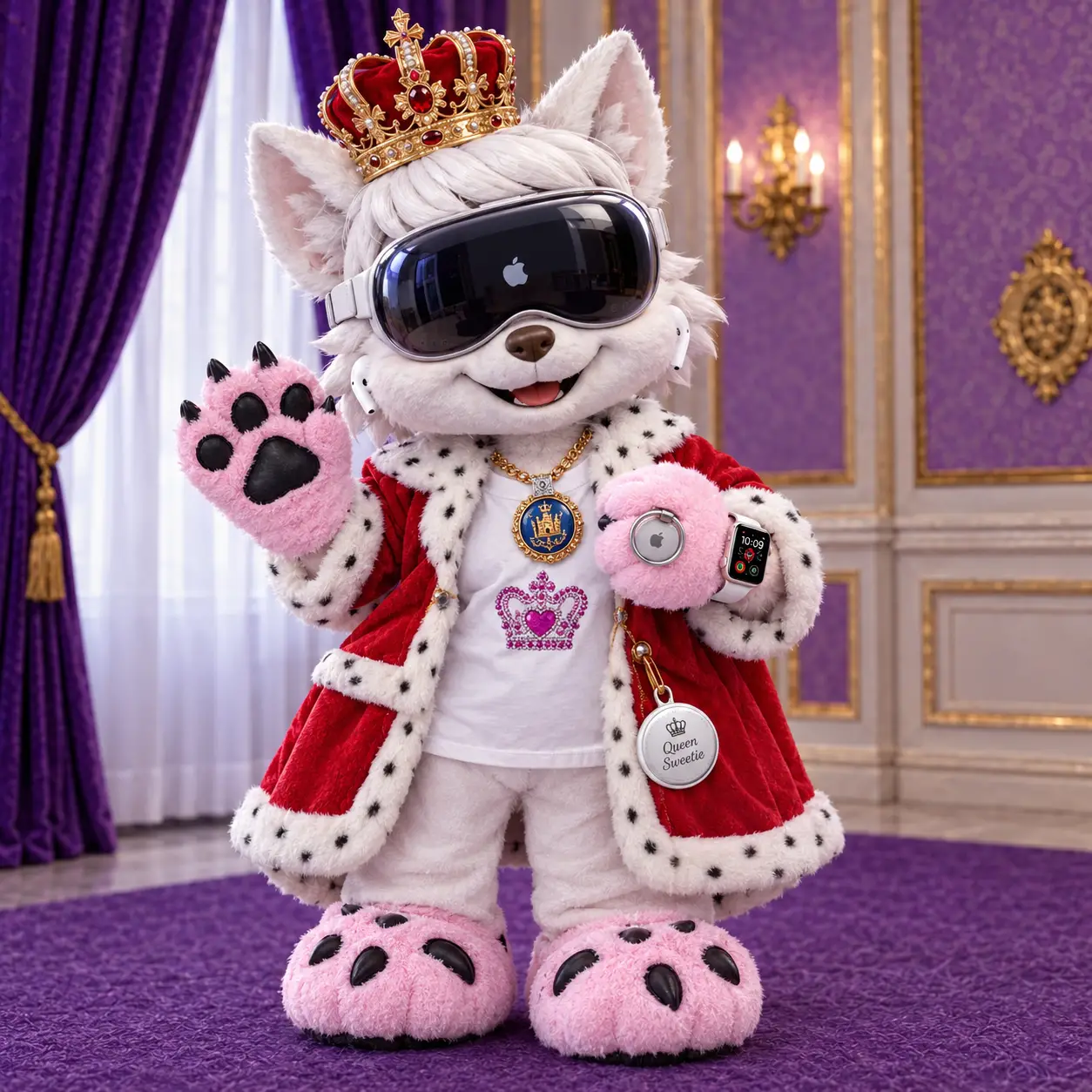 A dog mascot princess wearing a crown, slippers, and paw mitts