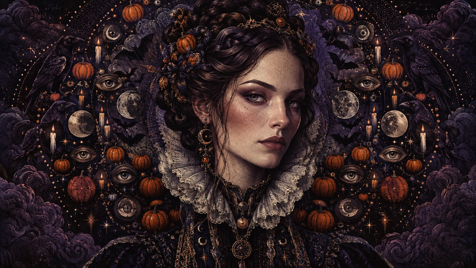 A surreal Halloween oracle surrounded by a symbolic circular halo