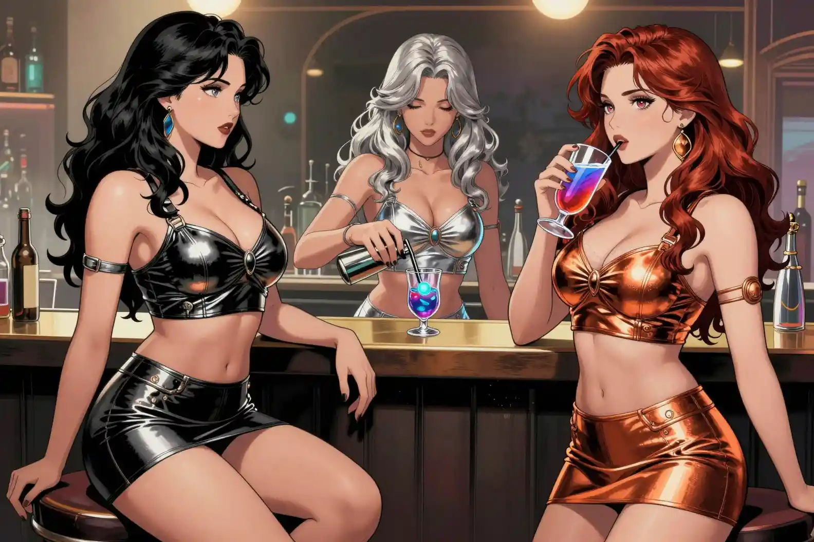 Tre donne anime con top corti metallizzati e minigonne