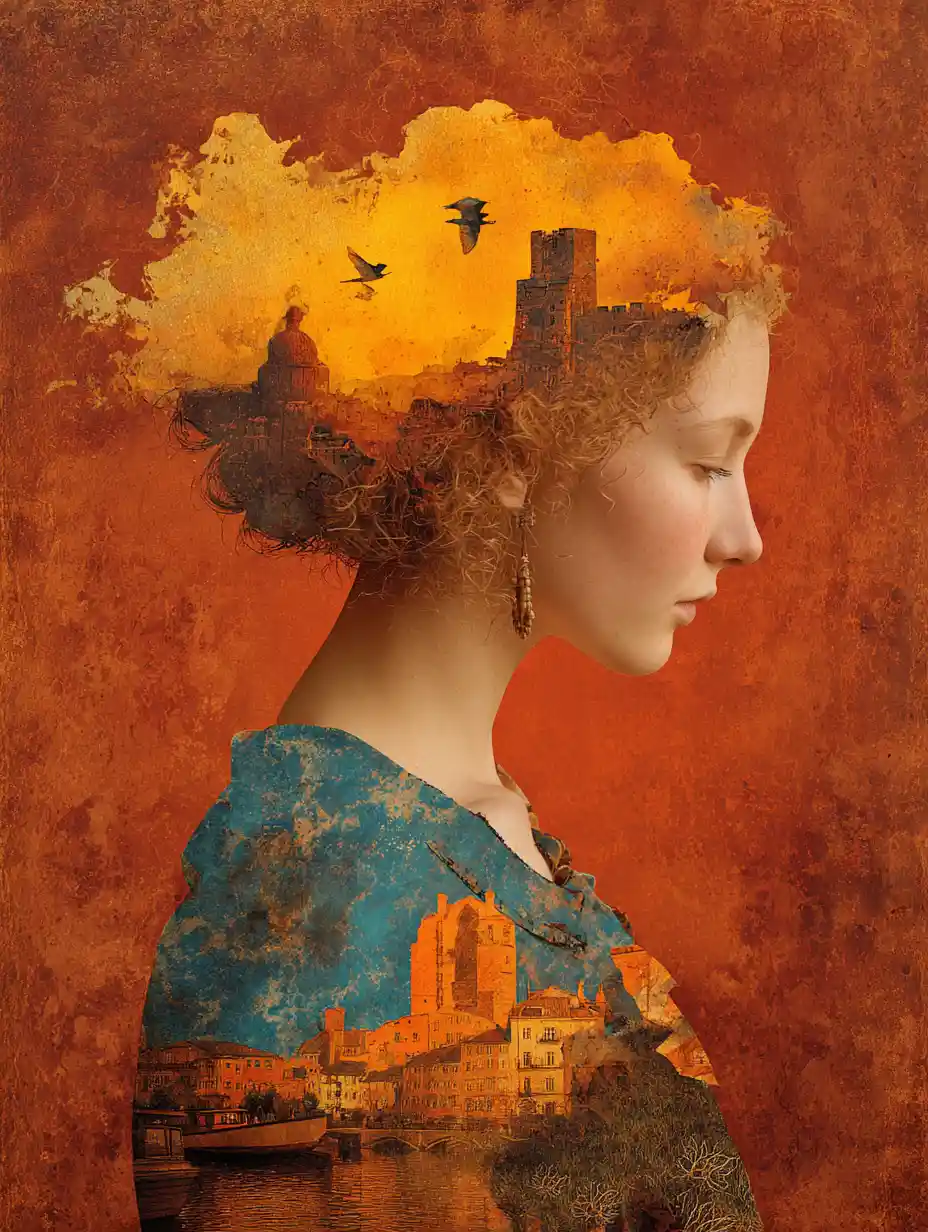 A surreal painted vision dissolves into darkness amid fiery red and orange