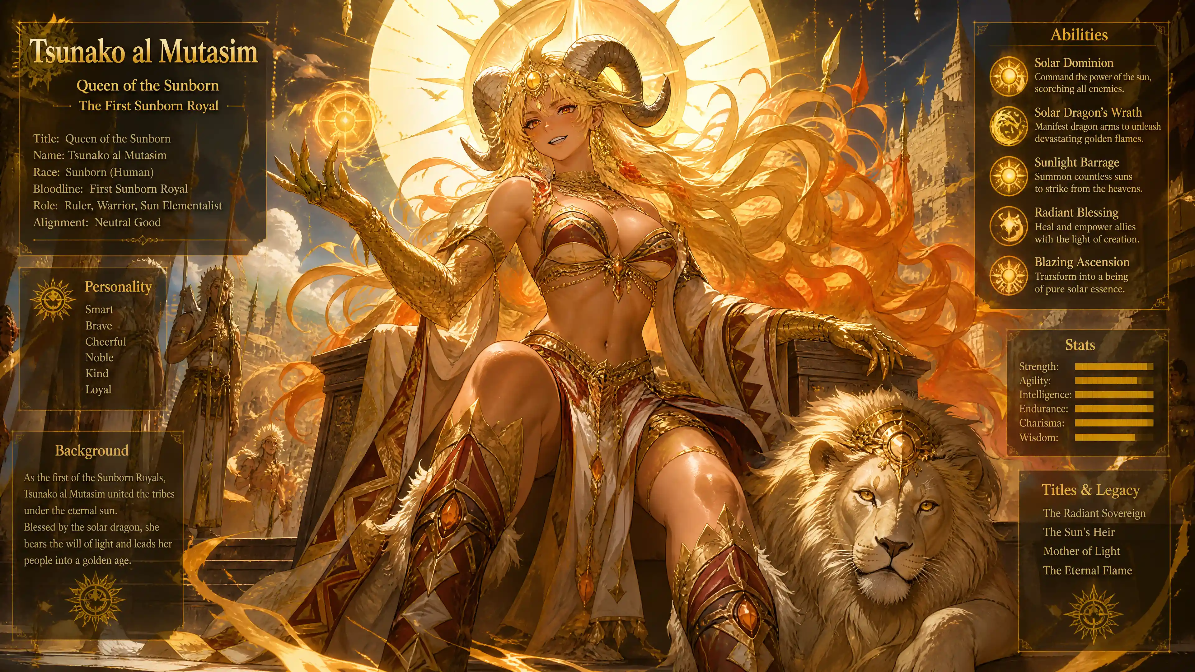 Una regina fantasy con corna ricurve, capelli gialli e occhi di drago