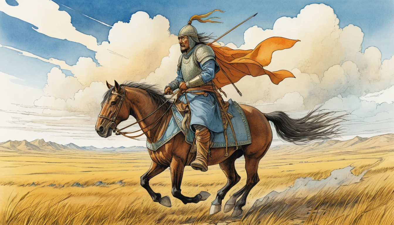 Un guerrier mongol galope à travers la steppe d'Asie centrale