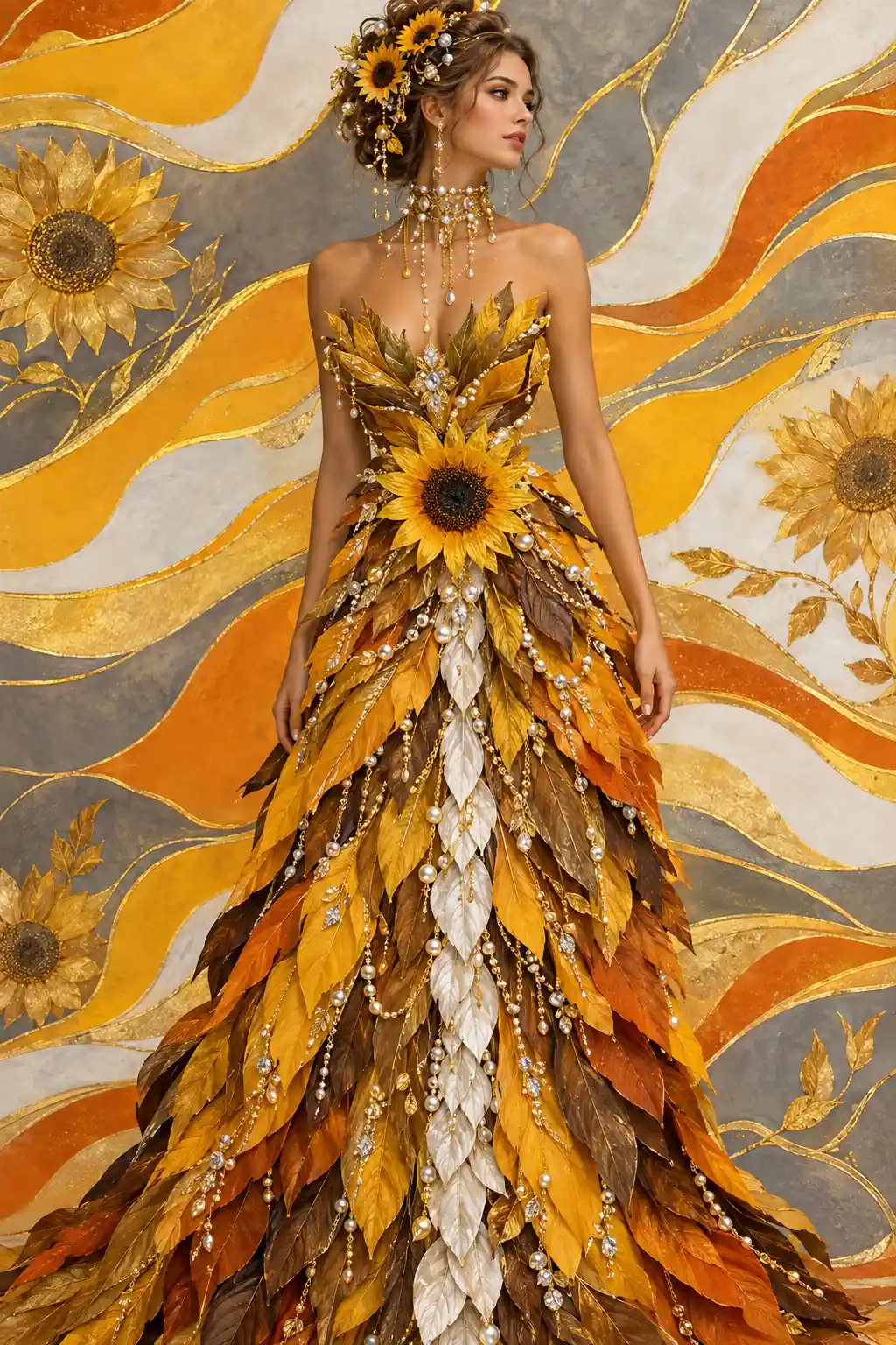 A woman in an ornate leaf dress adorned with sunflowers and pearls