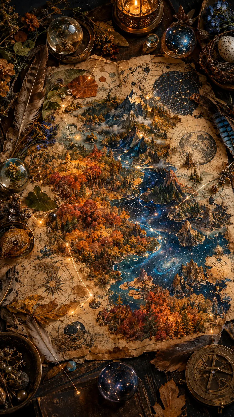 Una mesa de mapas antigua revela ríos de estrellas y montañas en miniatura