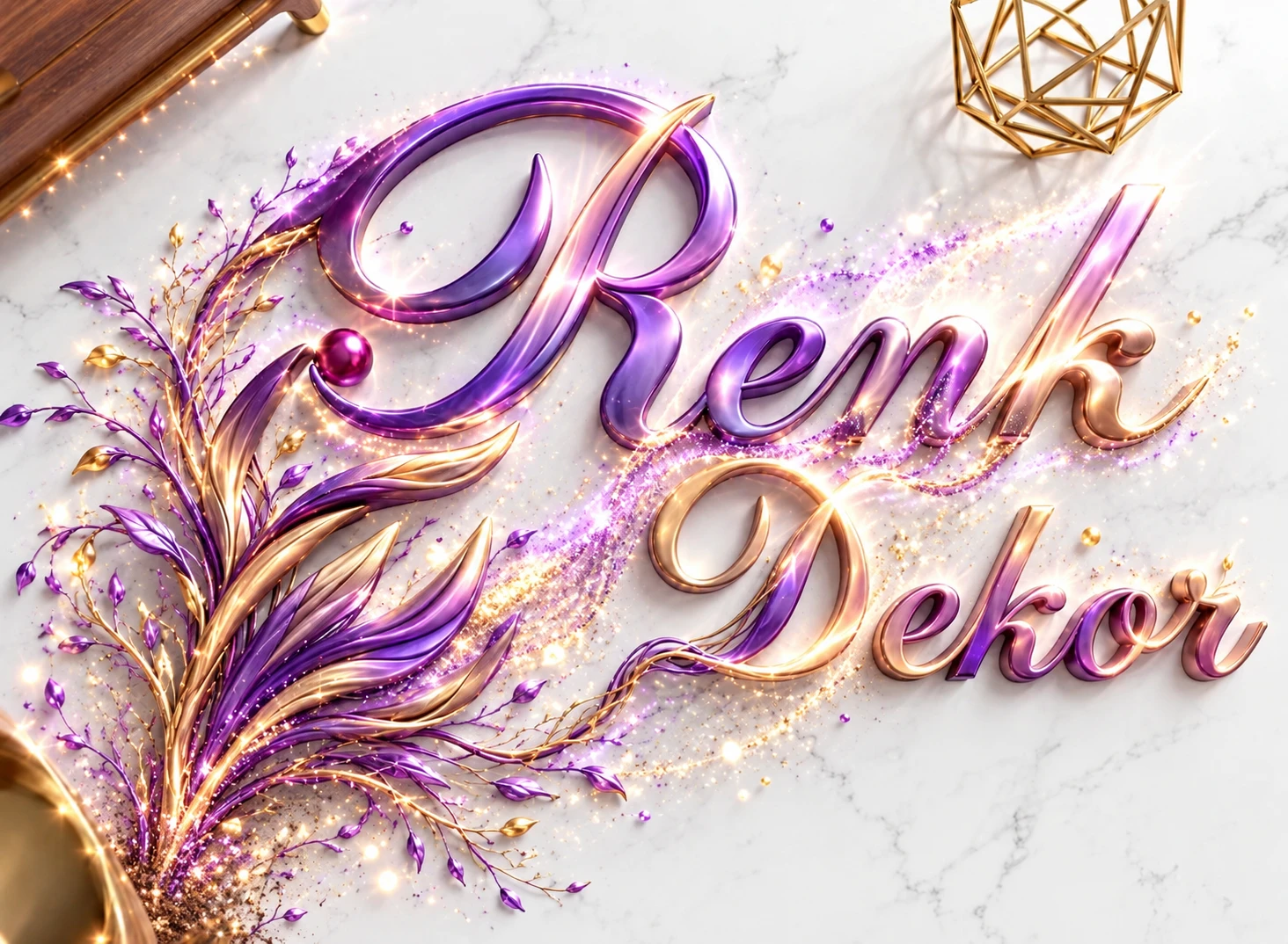 Purple and gold branches sprout beside a shimmering logo