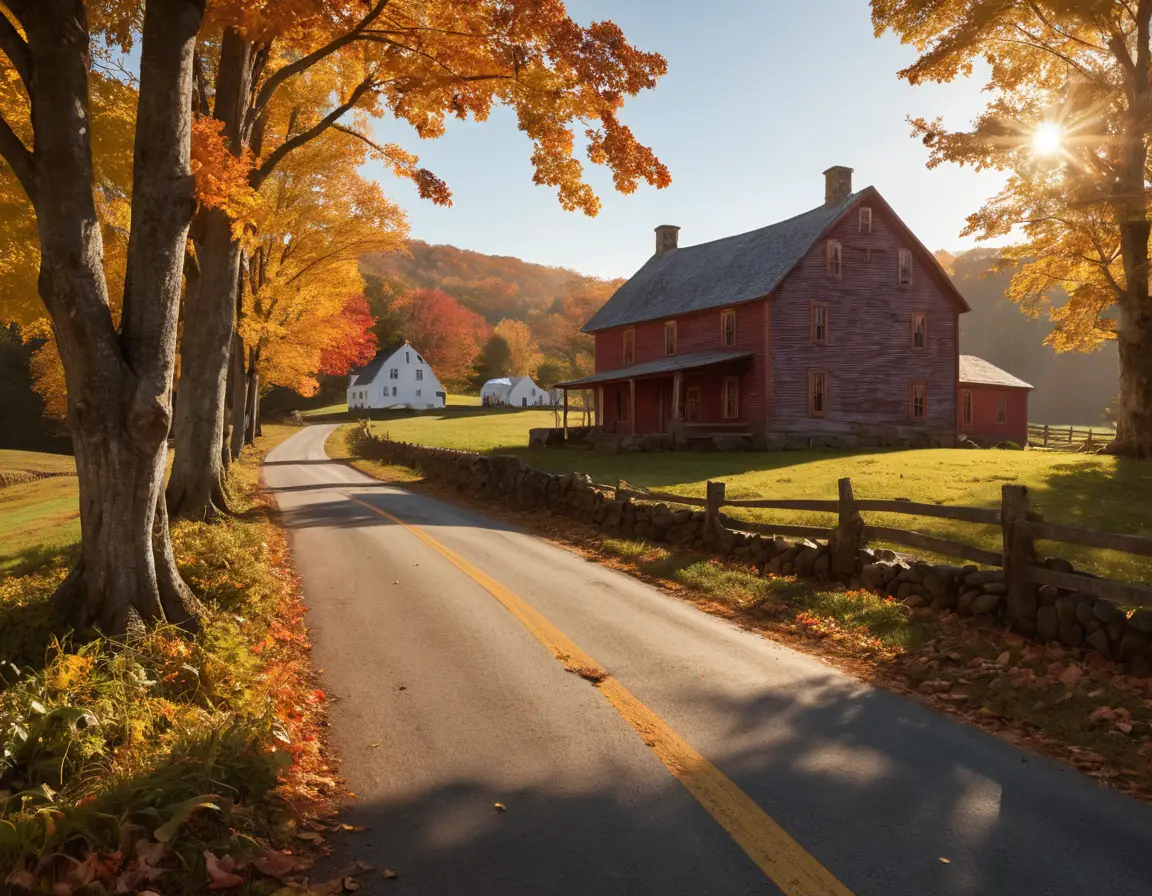 A weathered New England farmhouse amid brilliant autumn hills