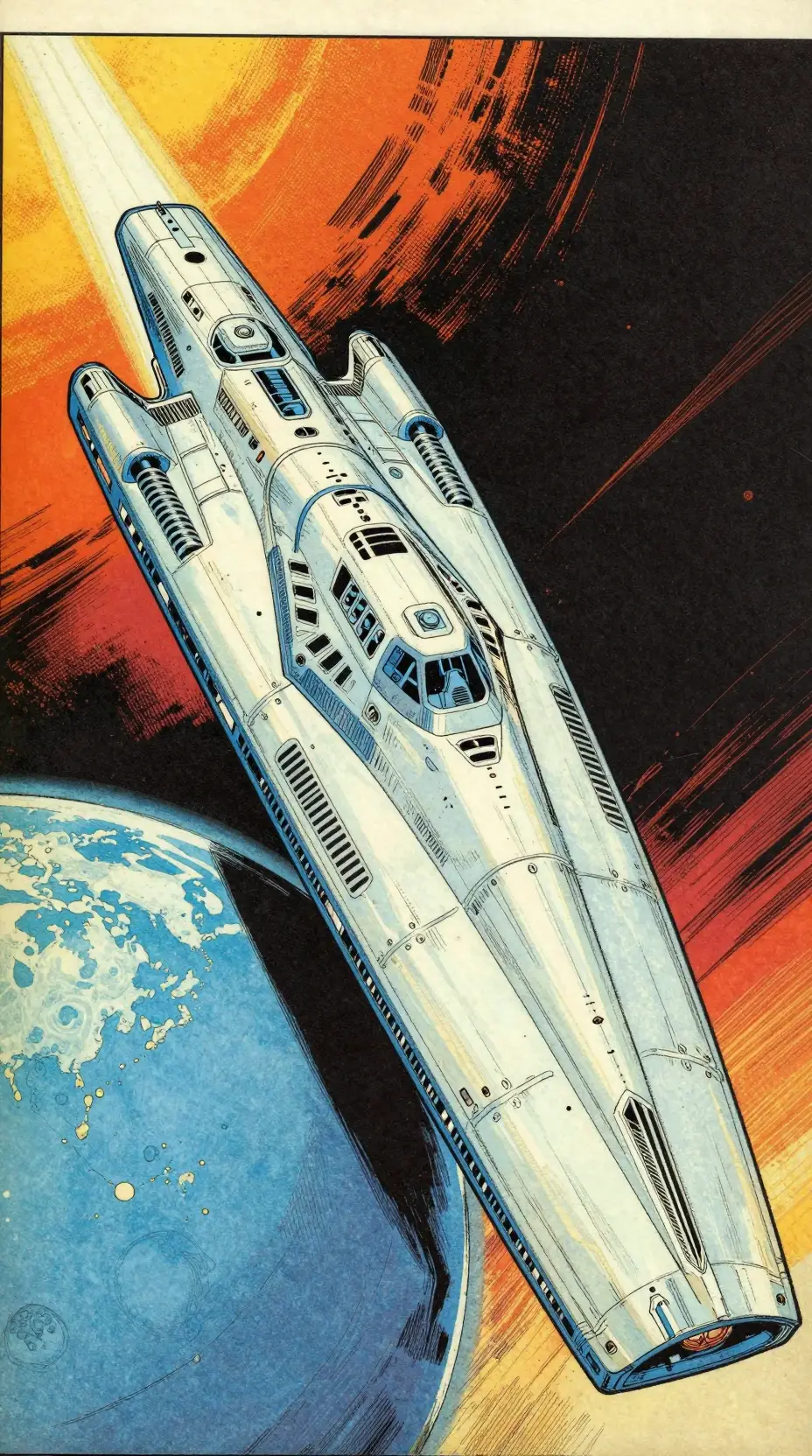 Ein elegantes silbernes Raumschiff fliegt im All an einem blauen Planeten vorbei