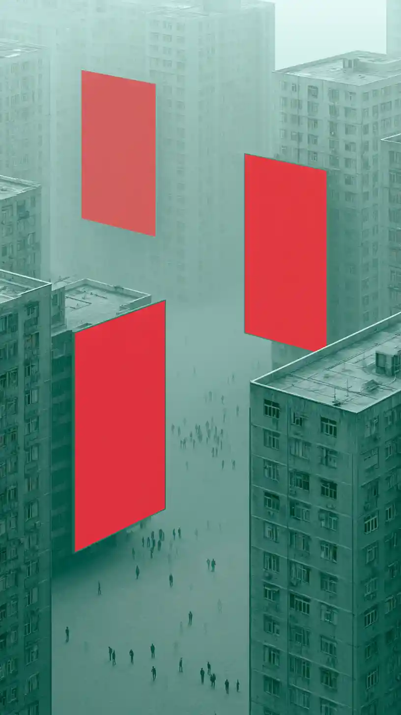 Massive screens tower over a dystopian city of concrete buildings