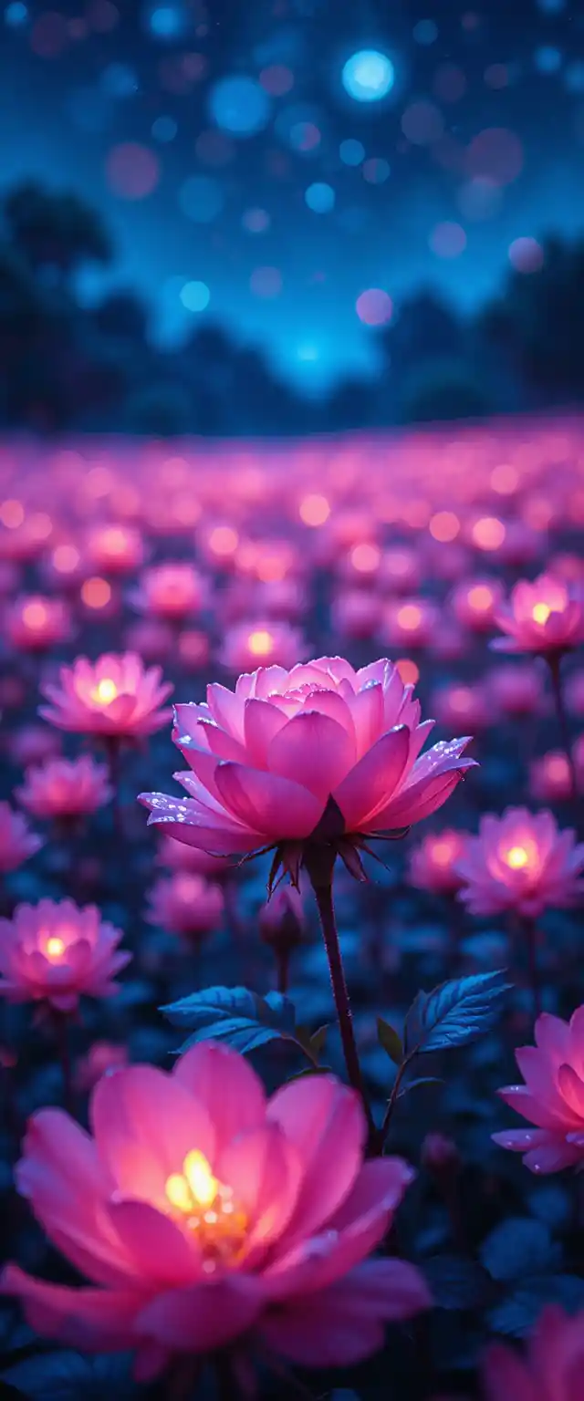 A dew-kissed rose glows among bioluminescent flowers at night