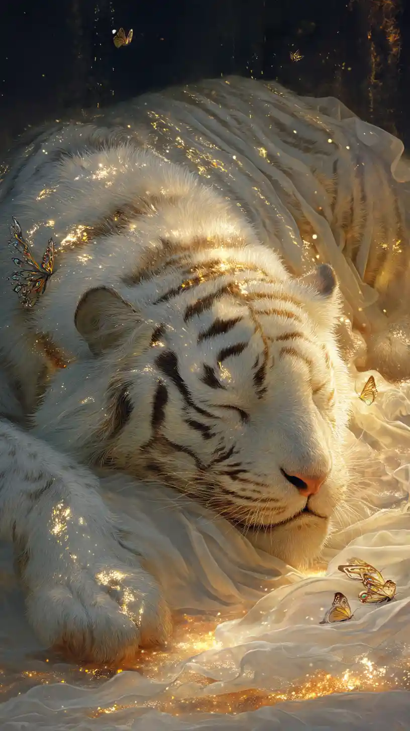 Una tigre bianca colossale riposa in una scena notturna dell'antica Cina