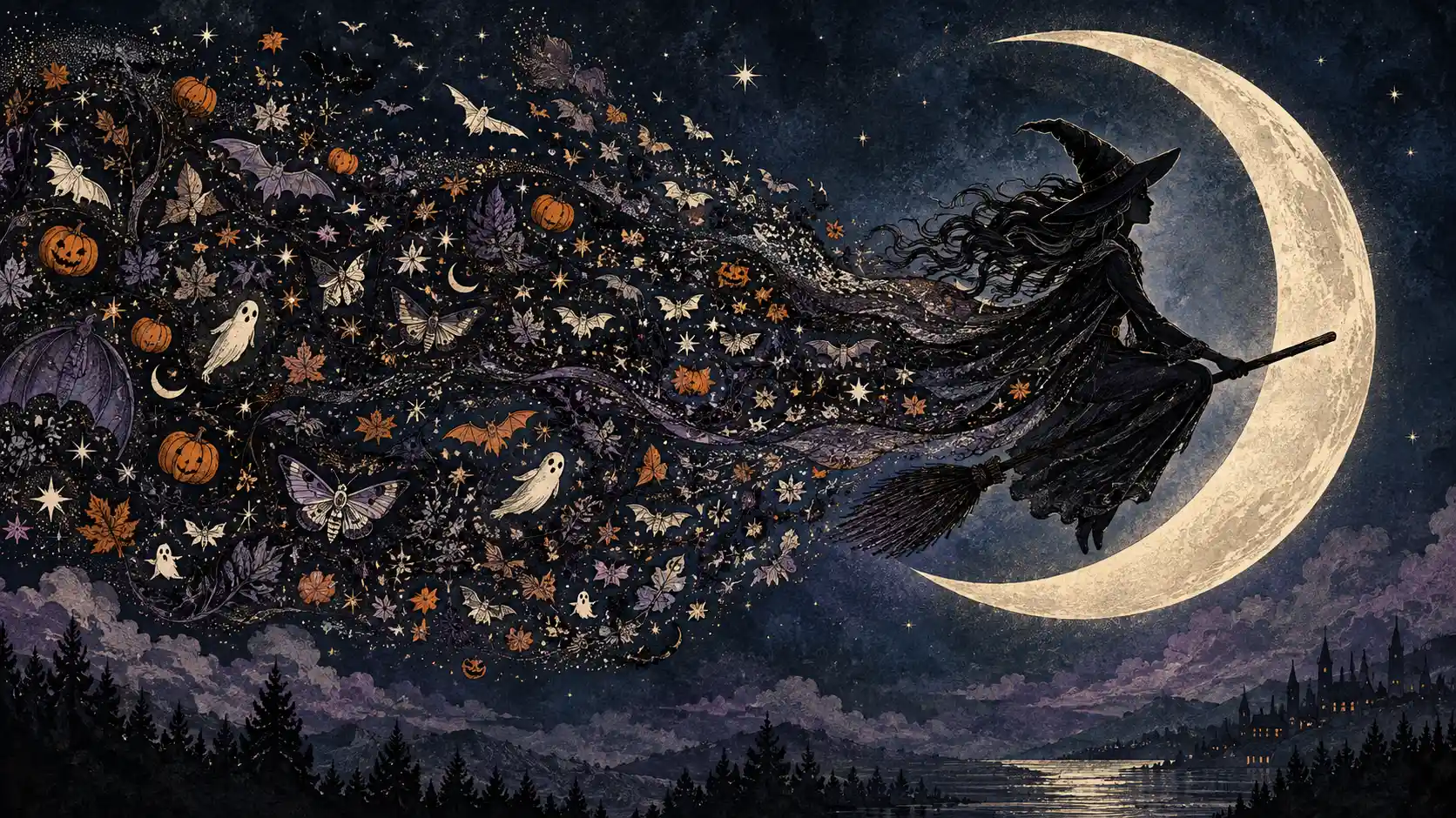 La silhouette di una strega vola davanti a un’enorme luna crescente