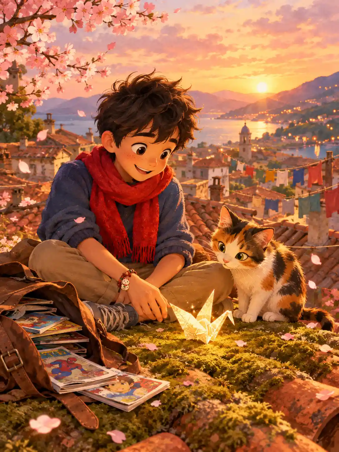 A young boy shares a rooftop moment with a cat and paper crane