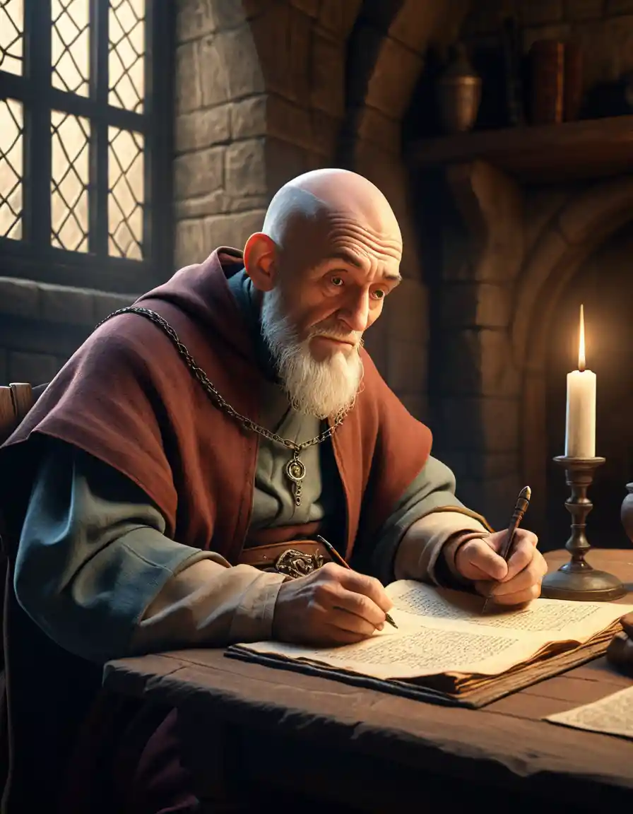 Un monaco anziano scrive su una pergamena a un tavolo in uno scriptorium medievale