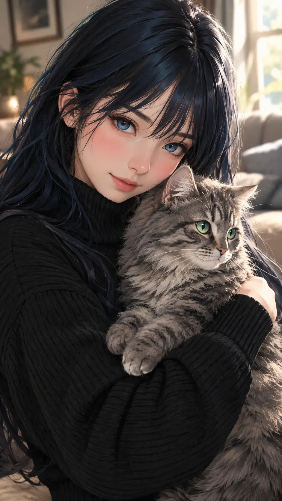 Uma jovem mulher de anime segura um gato malhado cinza em um cômodo com iluminação suave