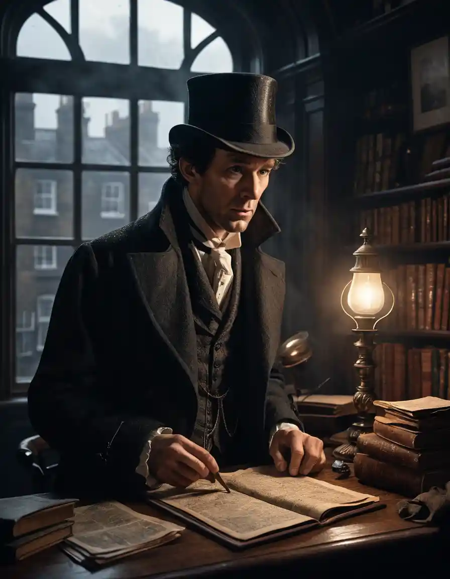 Sherlock Holmes esamina gli indizi in uno studio piovoso nella Londra vittoriana