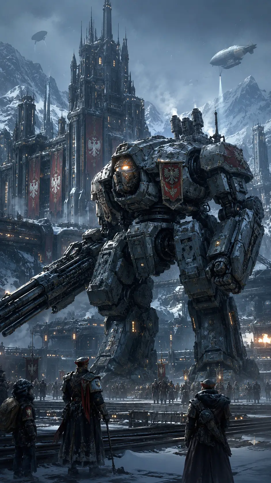 Mecha de combate ártico con un arma colosal en una base militar bajo montañas nevadas