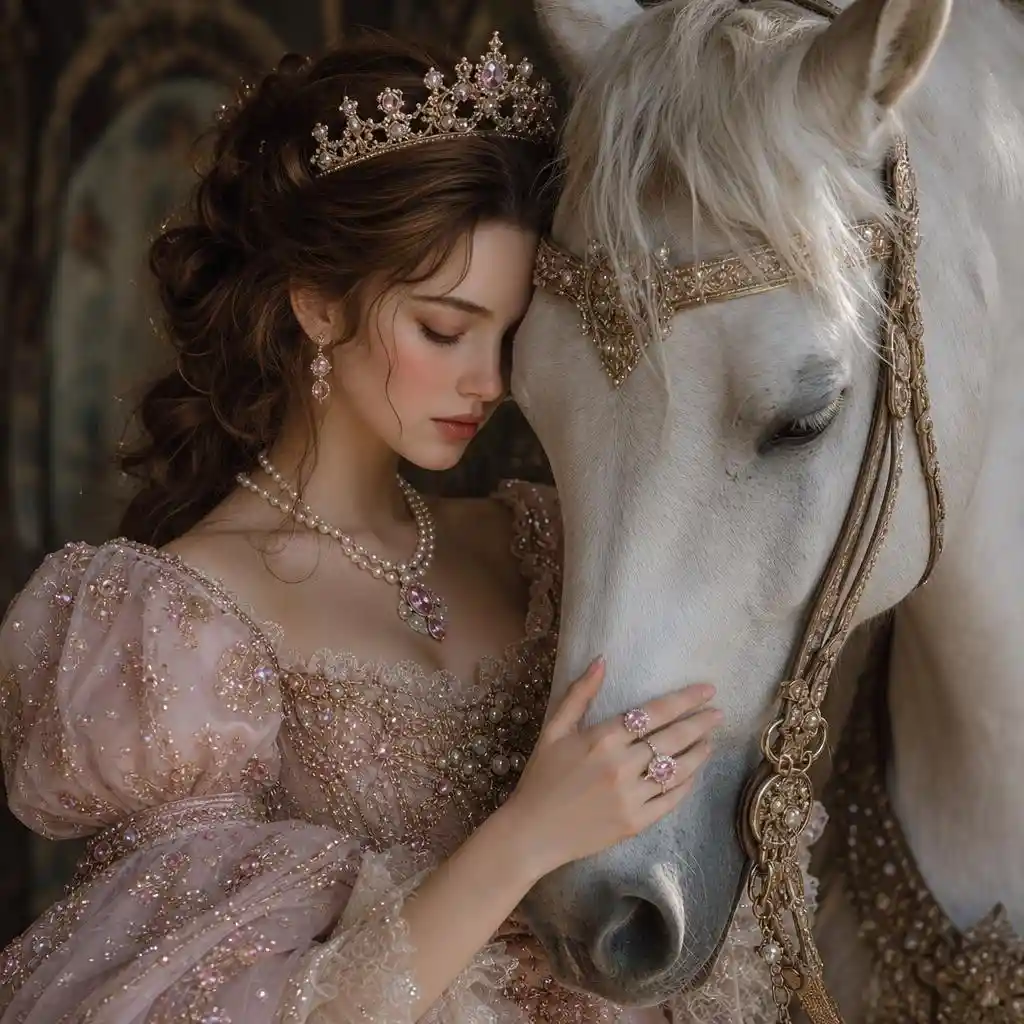 A Regal Woman Cradles a White Horse Beneath a Delicate Crown