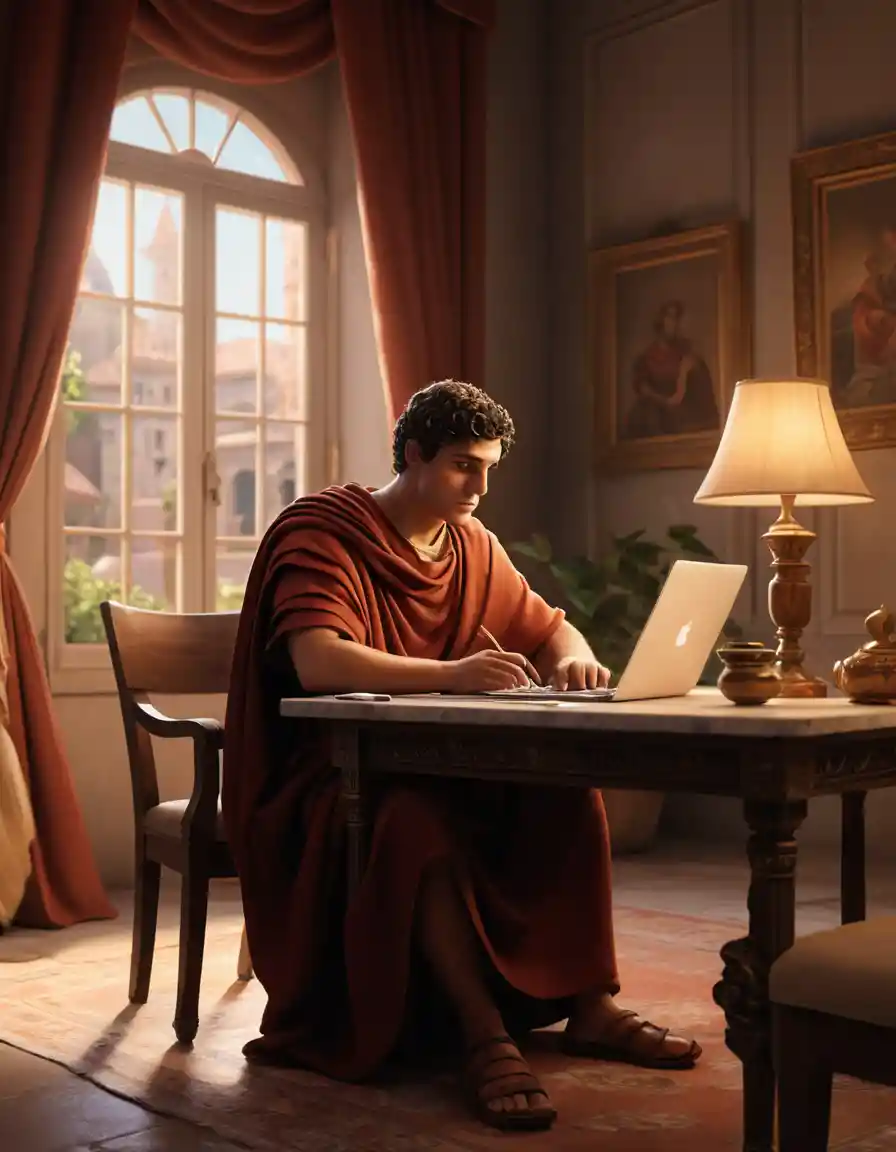 Uno scriba romano in toga lavora al chiuso con un laptop
