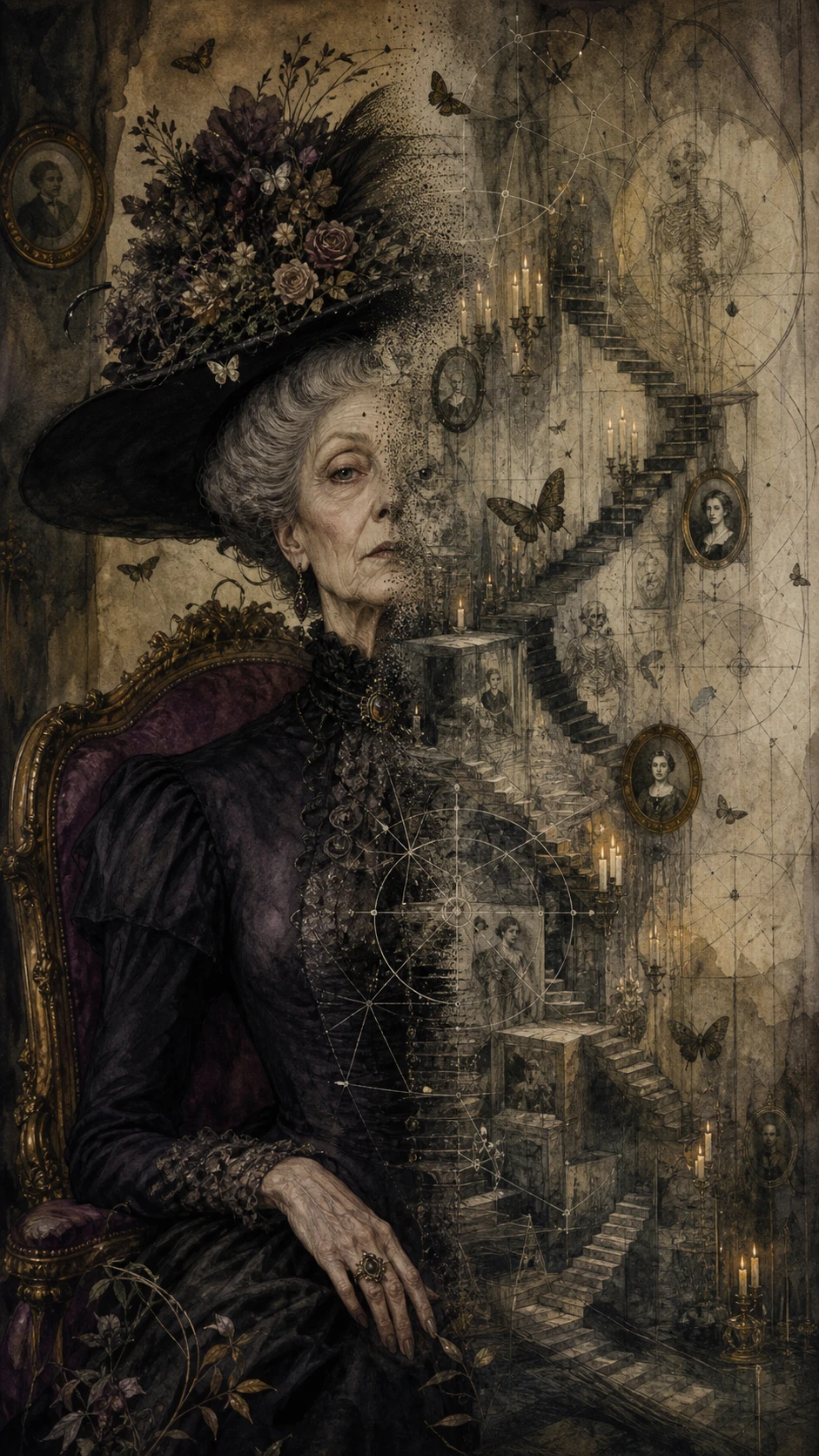 An elderly woman sits in an ornate chair, her other half a translucent mask