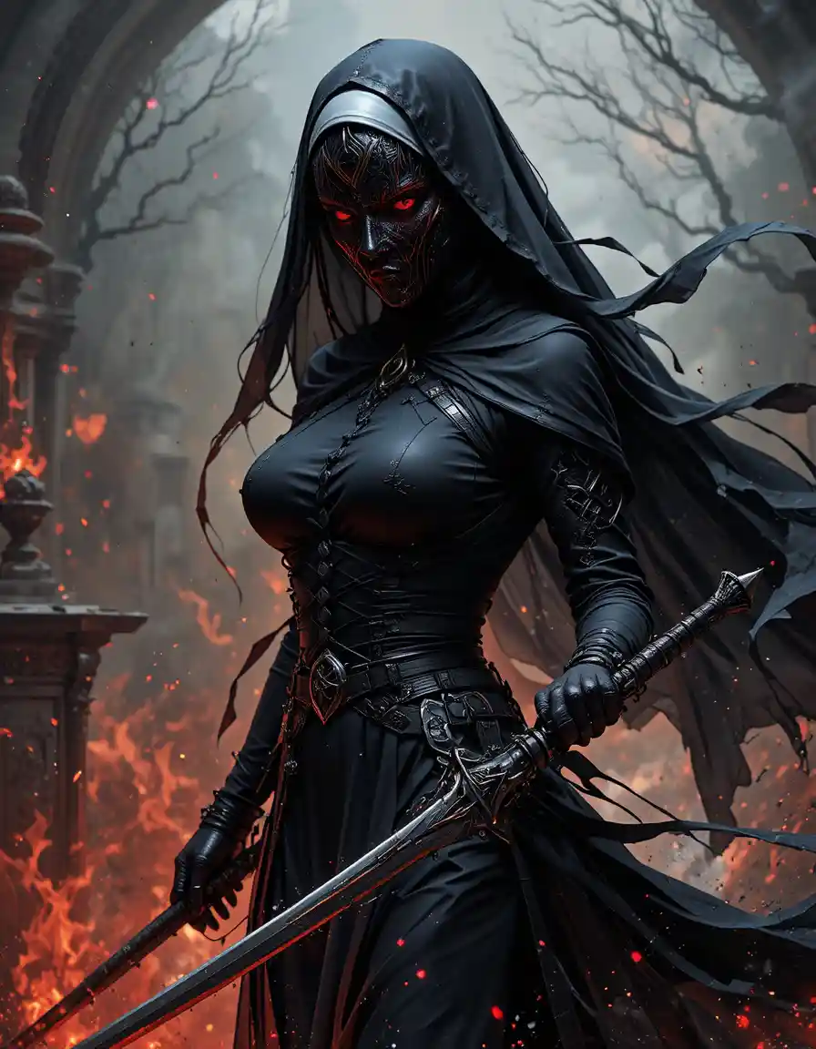Uma freira assassina de anime segura uma espada larga de fantasia apontada para baixo