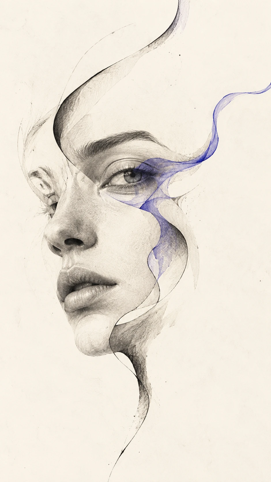 A Solitary Face Floats Within Expansive Warm White Space