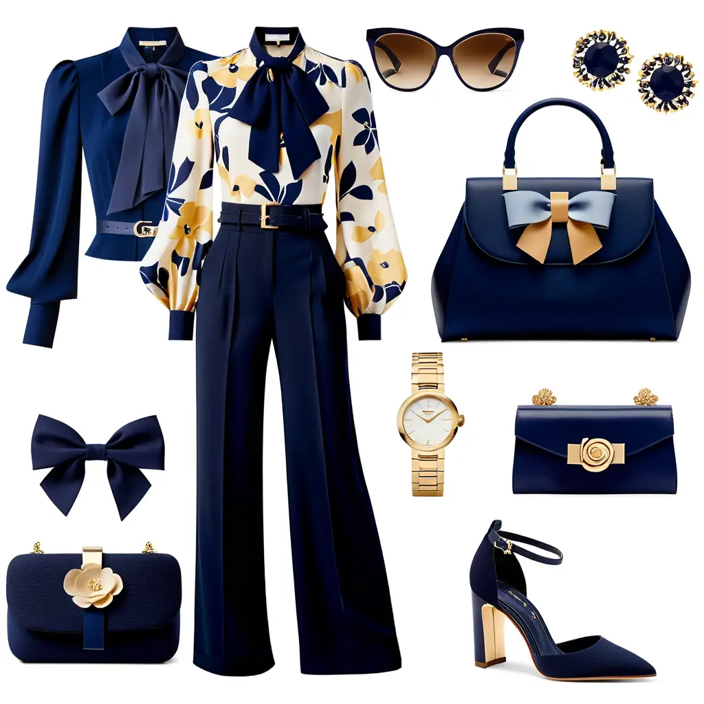 Marineblaue Blumenbluse und weite Hose mit abgestimmten Accessoires