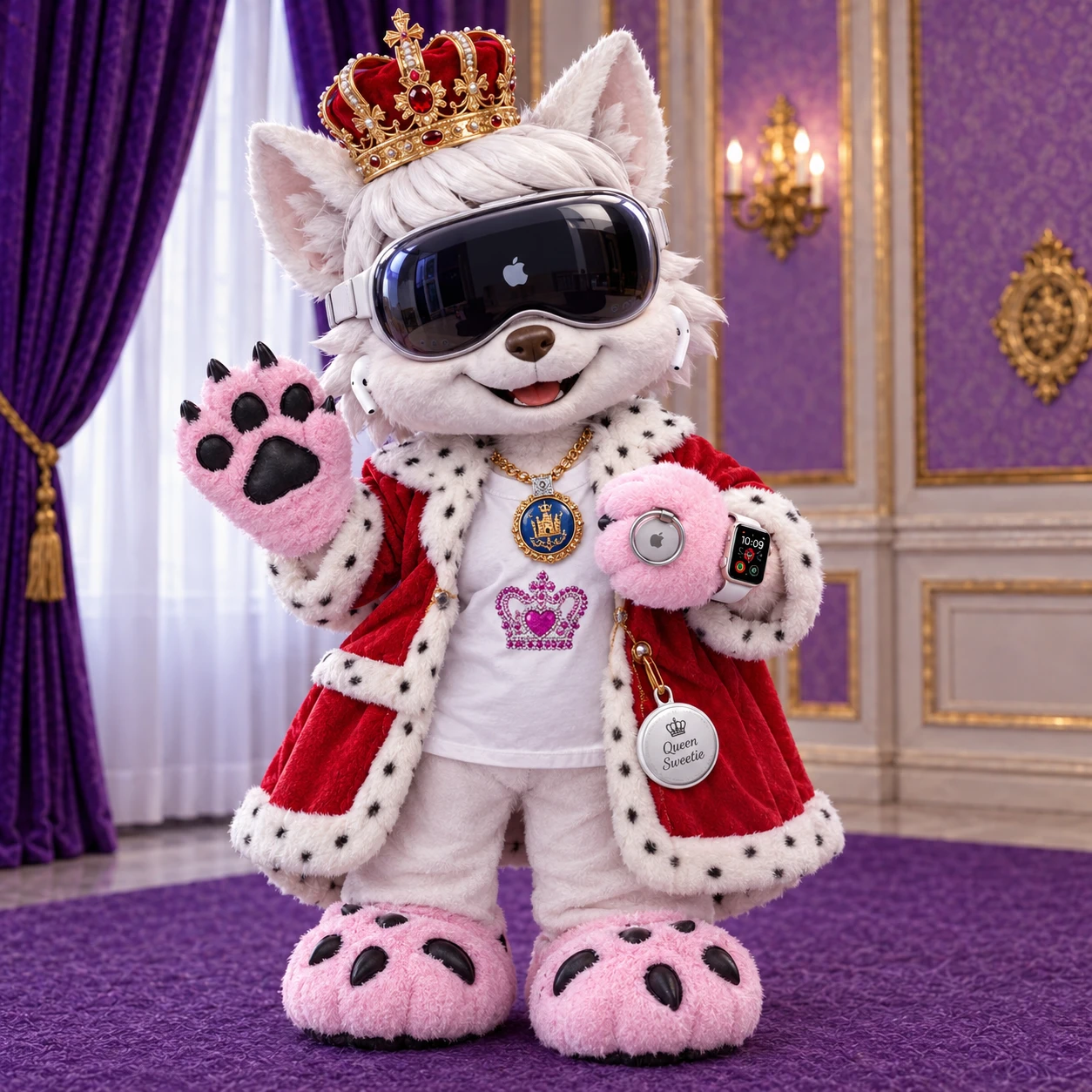 Una mascotte canina vestita da principessa, con corona, pantofole e manopole a forma di zampa