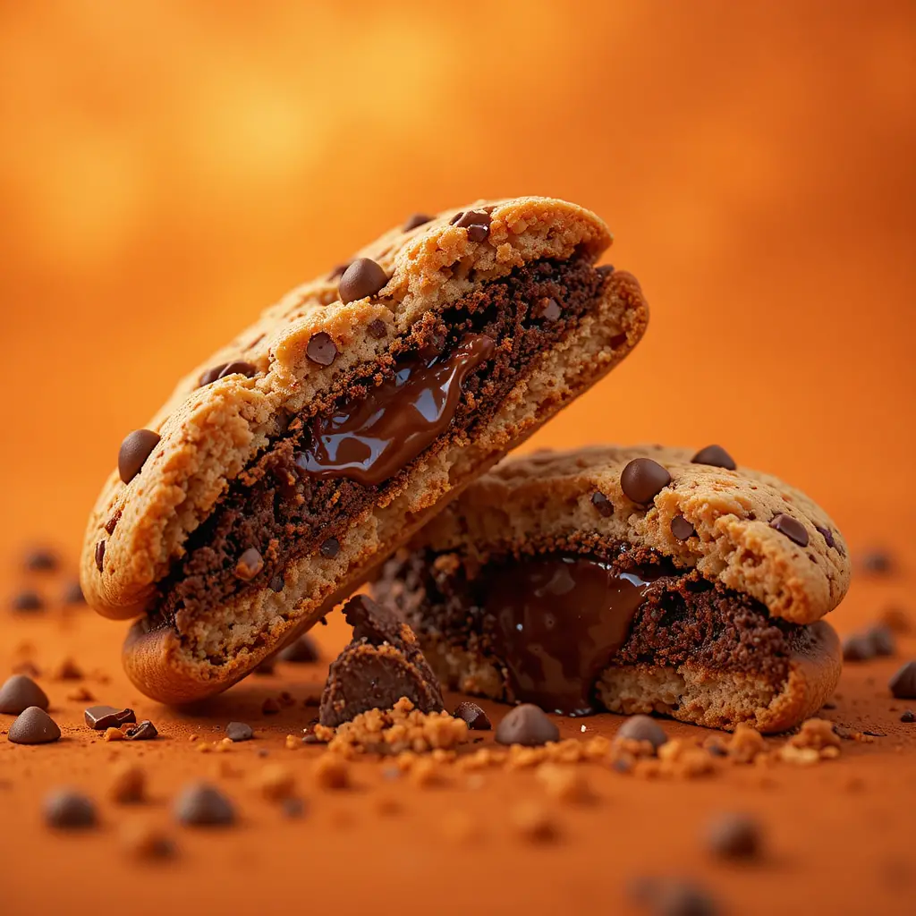 Dos galletas con chispas de chocolate revelan sus brillantes centros fundentes