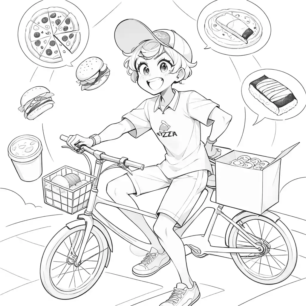 Pizza, sushi e hamburger accompagnano un corriere in bicicletta