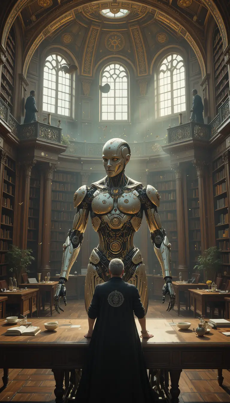Um professor robô de latão diante de um quadro-negro coberto de símbolos em uma biblioteca