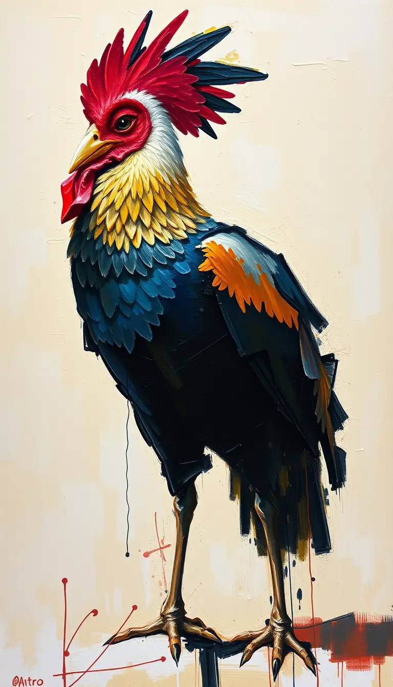 Gallinas y un pavo real pintados con gruesas capas de óleo en impasto